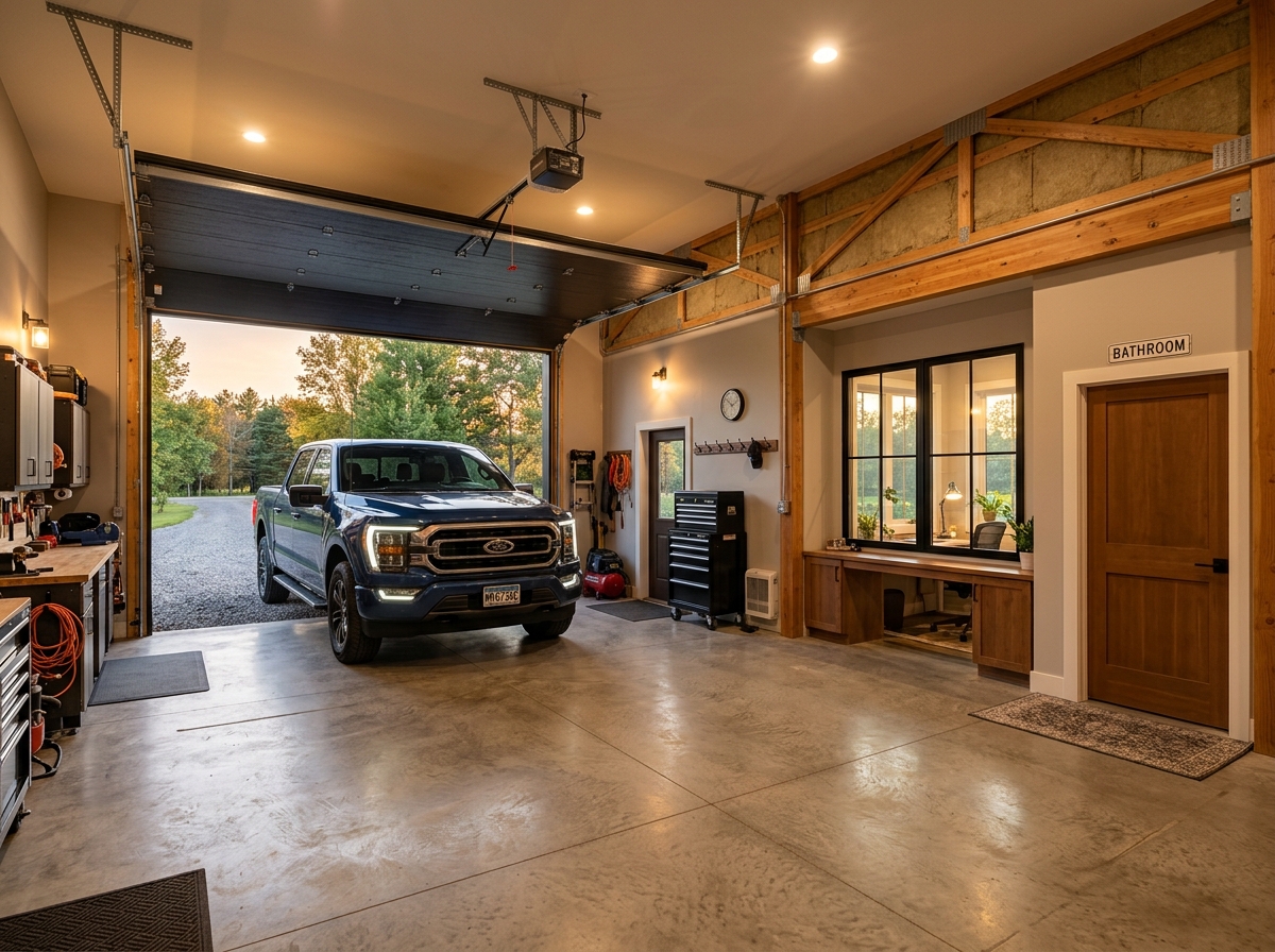 Minnesota pole garage with a finished office and bathroom