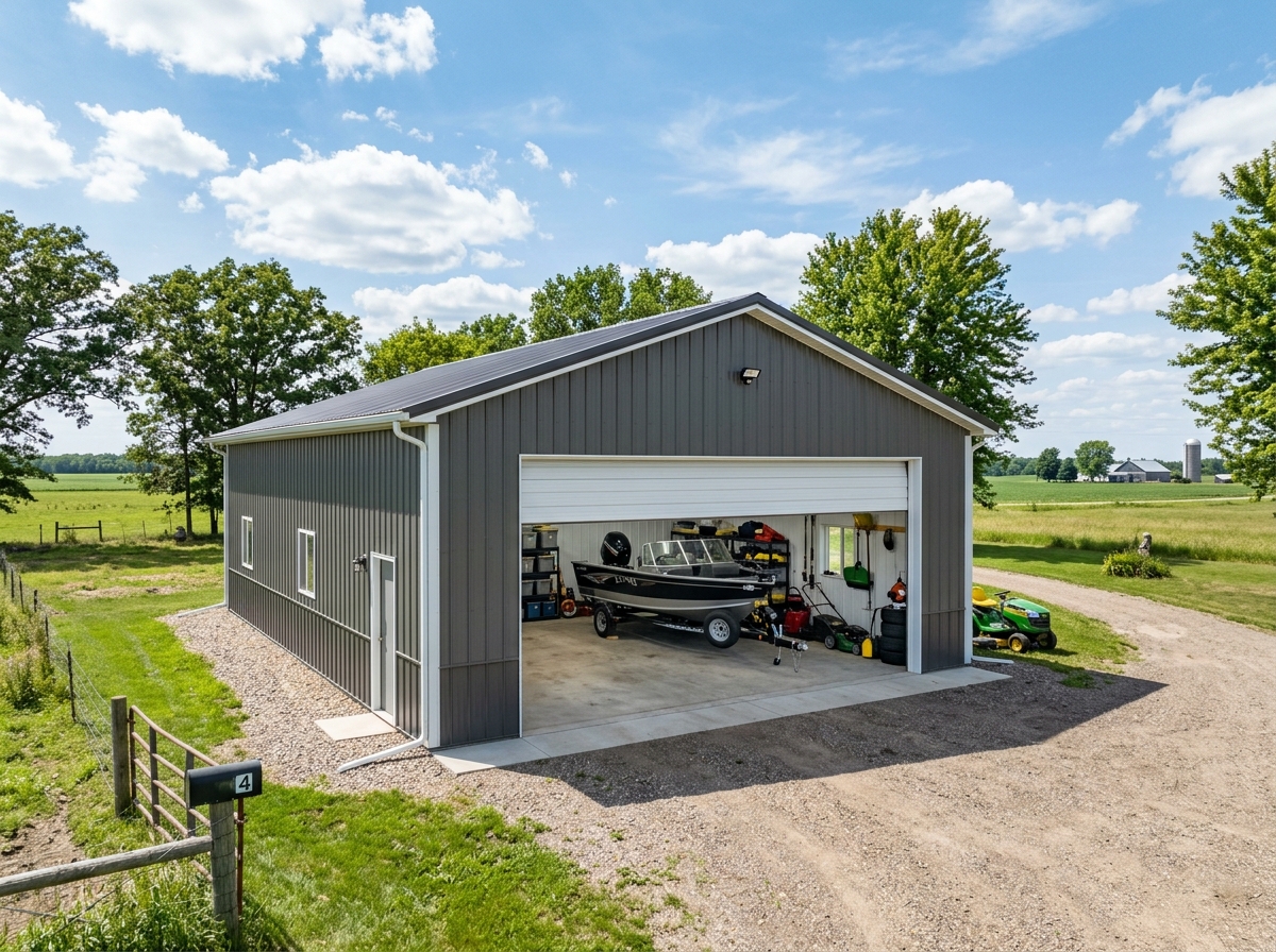 Pole storage building on a Minnesota property with equipment inside